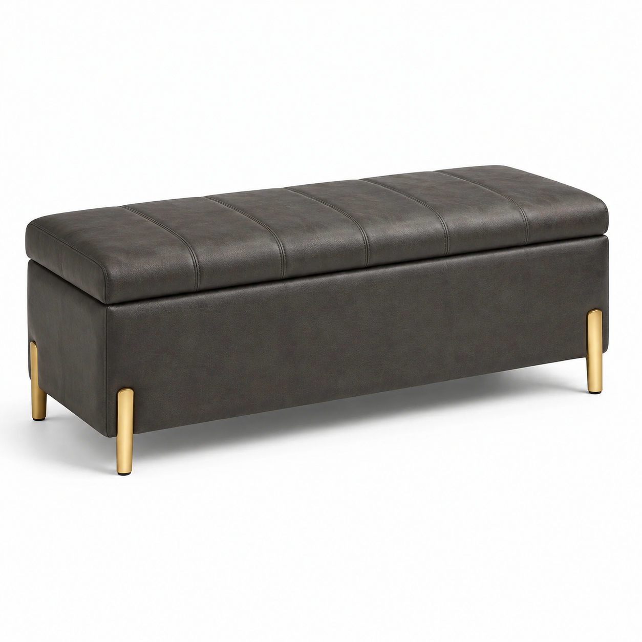 Gepolsterte Sitzbank mit Stauraum, anthrazitfarbenes Kunstleder und goldfarbene Metallbeine, 120 x 40 x 45 cm