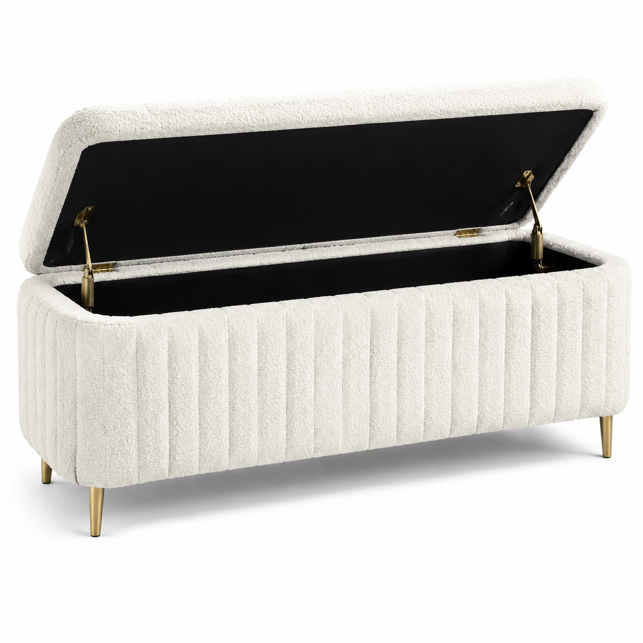Truhenbank mit Stauraum, cremefarbener Bouclé-Bezug und goldfarbenen Metallbeinen, 120 x 45 x 46 cm