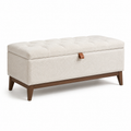 Gepolsterte Sitzbank mit Stauraum, Bouclé-Bezug in Creme, braunes Holzgestell, 120 x 45 x 48 cm