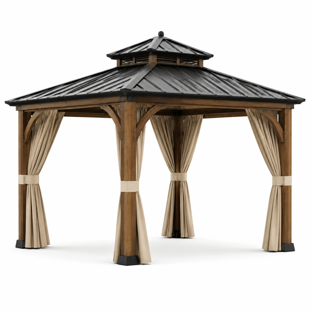 Gartenpavillon aus Holz und Metall mit Vorhängen, Braun/Anthrazit/Beige, 400 x 300 x 310 cm