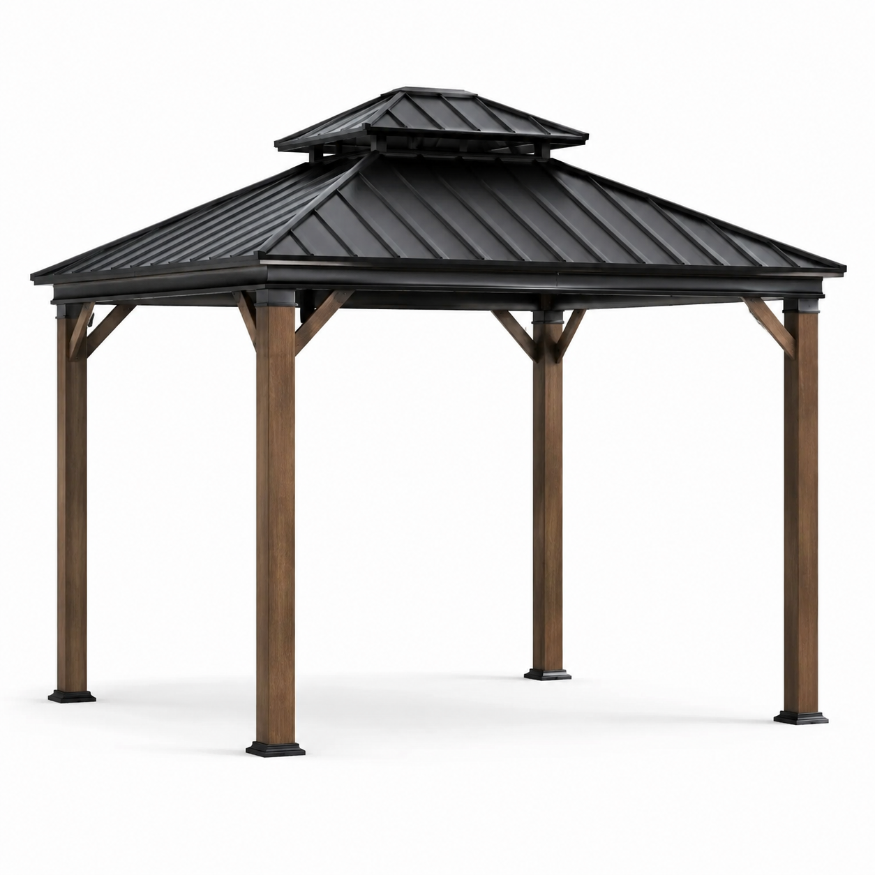 Gartenpavillon mit festem Doppeldach, 365 x 430 x 320 cm, Holz und Metall, Braun/Schwarz