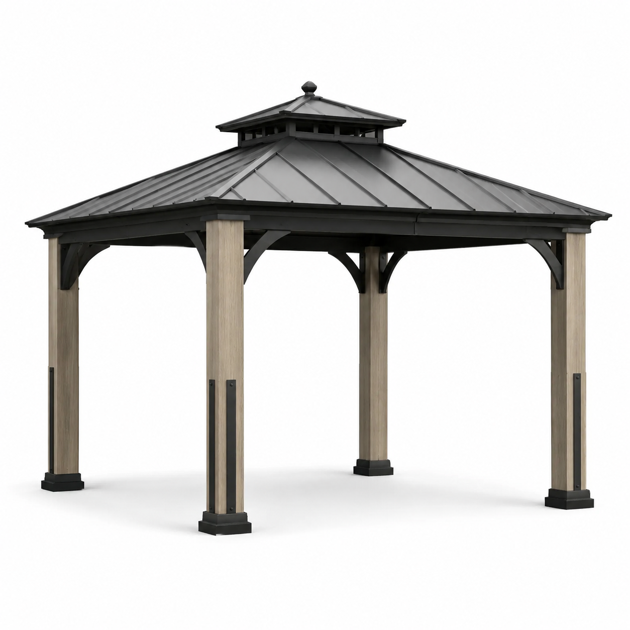 Gartenpavillon aus Holz und Metall mit festem Doppeldach, 427 x 371 x 310 cm, Anthrazit/Natur