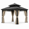Gartenpavillon 400 x 300 x 290 cm, schwarzes Metallgestell mit festem Dach und beigen sowie weißen Vorhängen