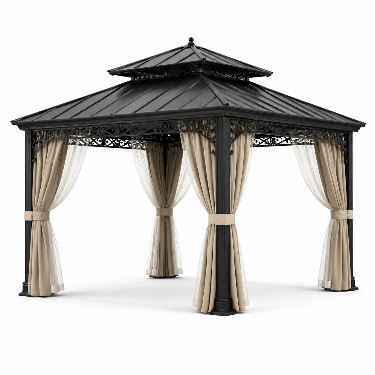 Gartenpavillon 400 x 300 x 290 cm, schwarzes Metallgestell mit festem Dach und beigen sowie weißen Vorhängen