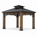 Gartenpavillon aus Metall und Holz, 300 x 300 x 280 cm, Schwarz/Braun, mit mehrstufigem Walmdach und Lamellendetails