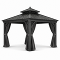Gartenpavillon mit festem Metalldach und Vorhängen, 300 x 300 x 290 cm, Anthrazit/Schwarz