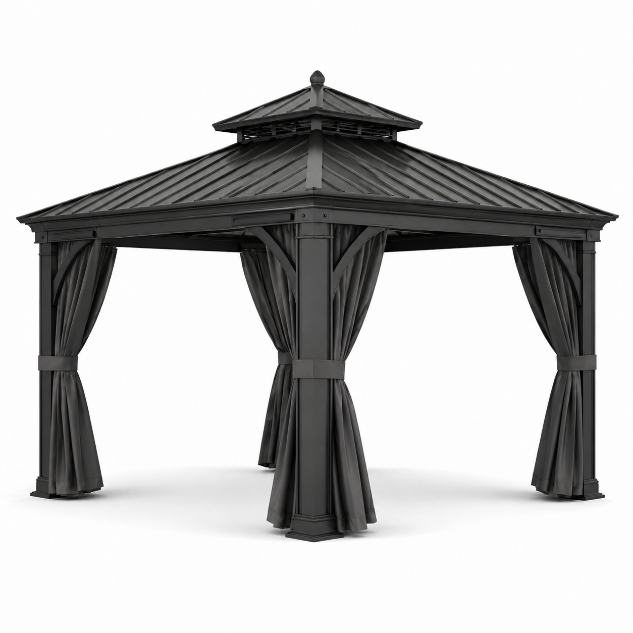 Gartenpavillon mit festem Metalldach und Vorhängen, 300 x 300 x 290 cm, Anthrazit/Schwarz