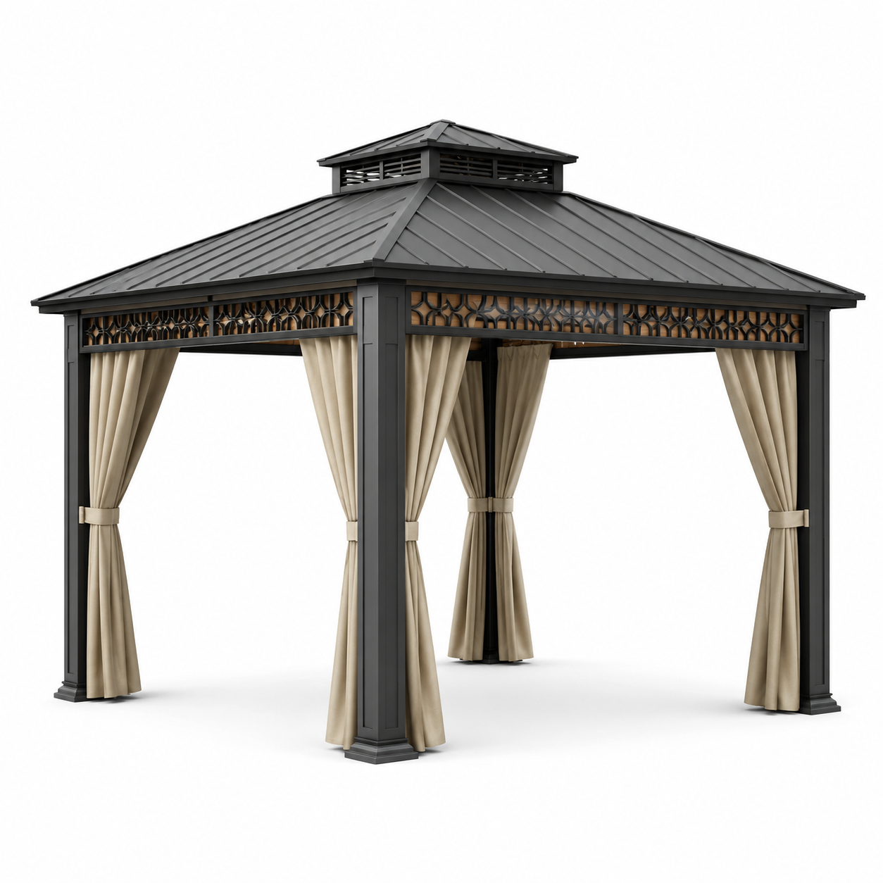 Gartenpavillon aus Stahl mit festem Metalldach und Vorhängen, 300 x 300 x 285 cm, Anthrazit/Beige