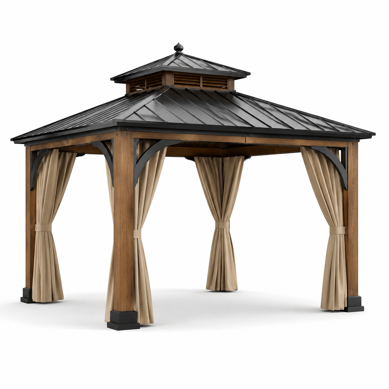 Gartenpavillon aus Holz und Metall mit Doppeldach und Vorhängen, 300 x 300 x 290 cm, Braun/Schwarz/Beige