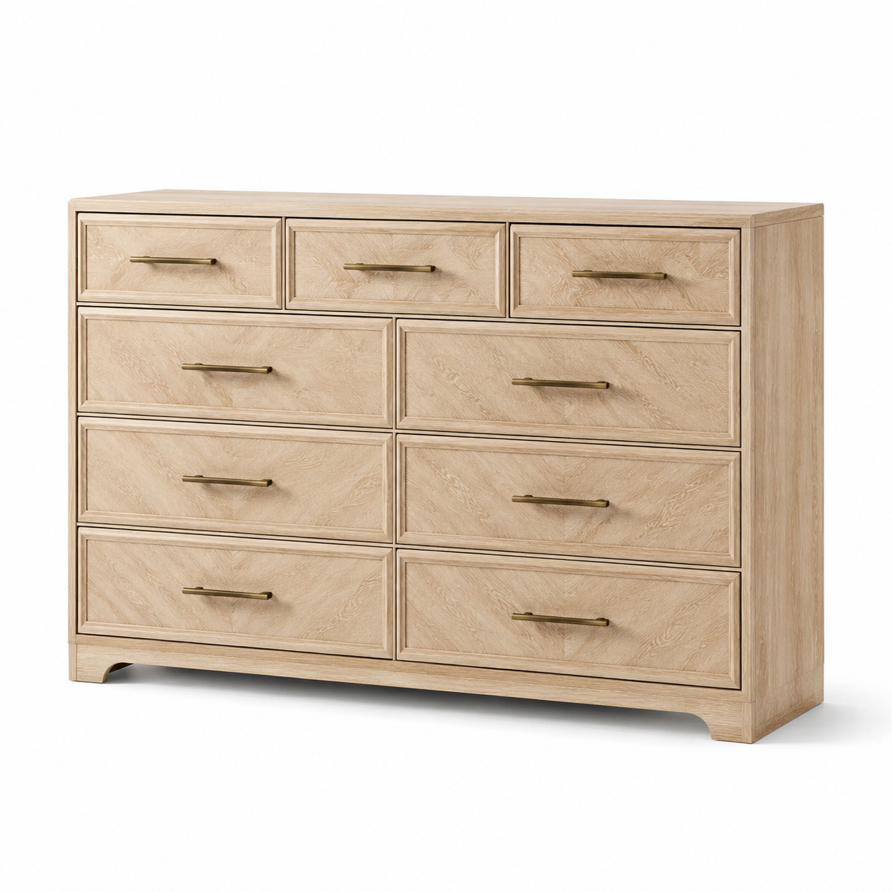 Kommode mit 9 Schubladen, 150 x 45 x 100 cm, Naturfarben/Messingfarben, klassischer Stil