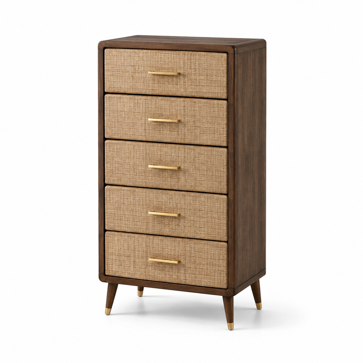 Kommode mit 5 Schubladen, Braun/Beige/Gold, 75 x 42 x 120 cm, Holzwerkstoff und Rattangeflecht, Retro-Stil