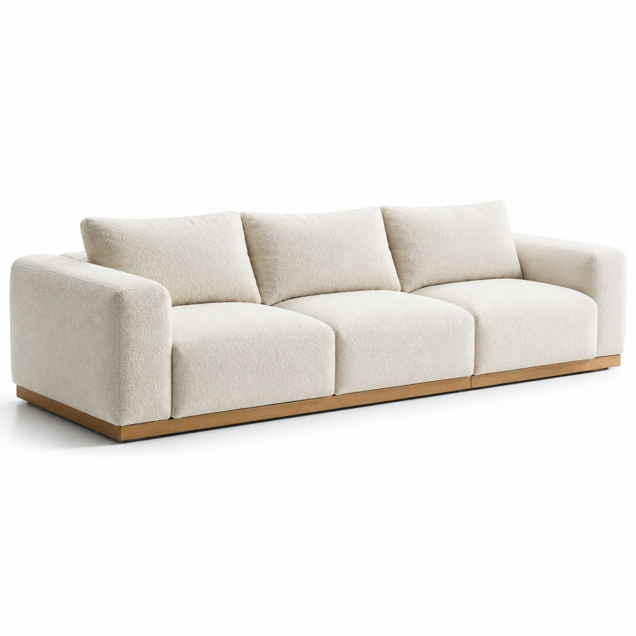 Modernes 3-Sitzer-Sofa aus Bouclé in Creme/Hellbraun, 260 x 100 x 83 cm, mit Holzsockel