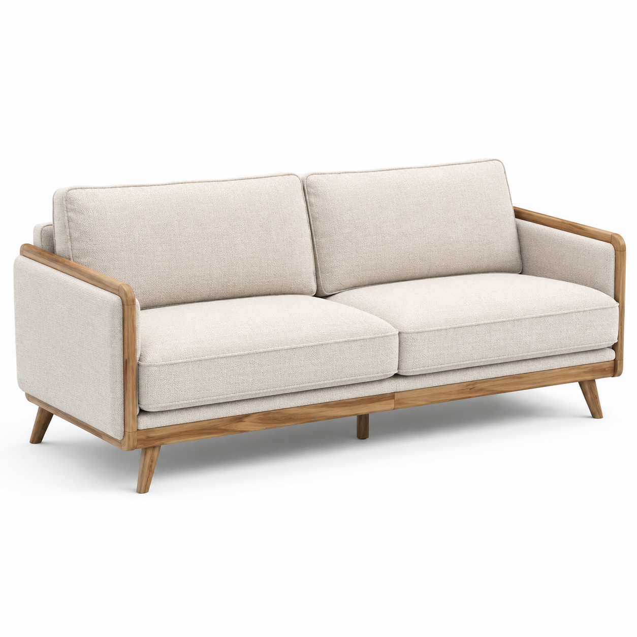 3-Sitzer-Sofa aus beigem Strukturstoff mit braunem Holzrahmen, 220 x 88 x 84 cm