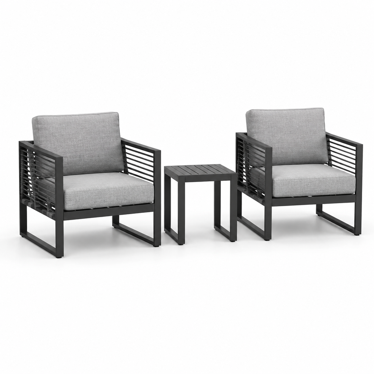 3-teiliges Gartenmöbel-Set mit 2 Sesseln und Beistelltisch, Metall, Schwarz/Grau, Sessel 69 x 72 x 78 cm, Tisch 45 x 45 x 46 cm