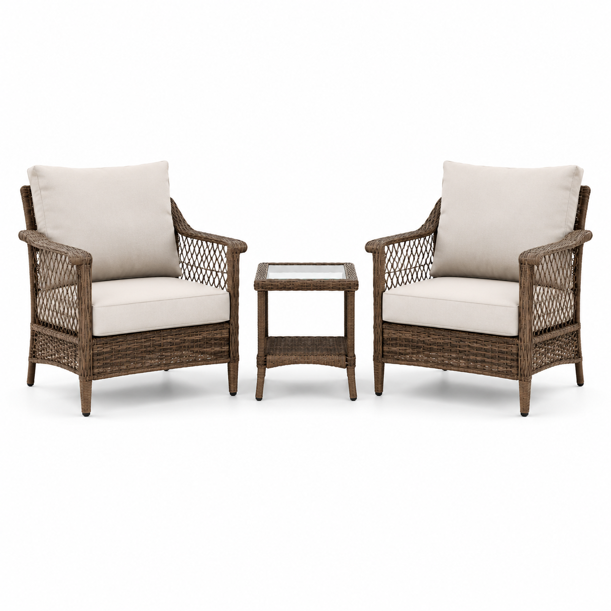 3-teiliges Polyrattan-Set in Braun und Beige – 2 Sessel 69 x 73 x 85 cm und Tisch 45 x 45 x 50 cm