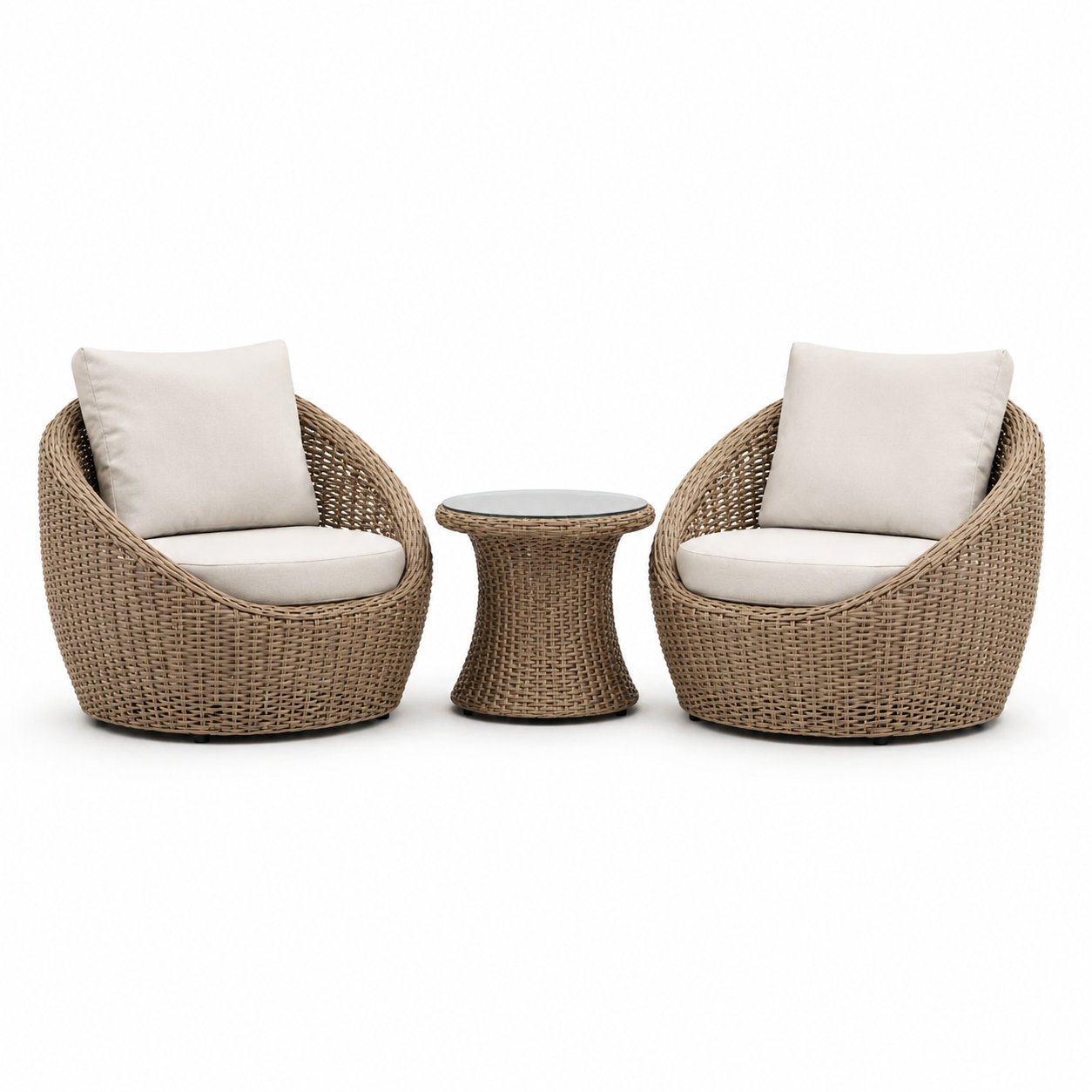 3-teiliges Gartenmöbel-Set mit 2 Loungesesseln 86 x 82 x 84 cm und Beistelltisch Ø 50 x 52 cm, Braun/Beige/Transparent