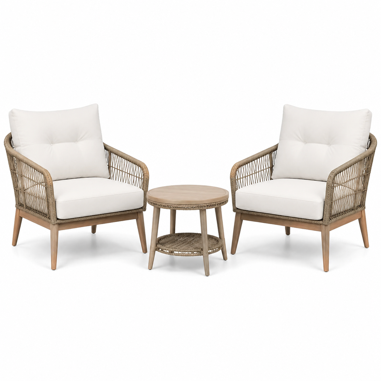 3-teiliges Gartenmöbel-Set mit 2 Sesseln je 74 x 78 x 86 cm und rundem Tisch 60 x 52 cm, Natur/Weiß