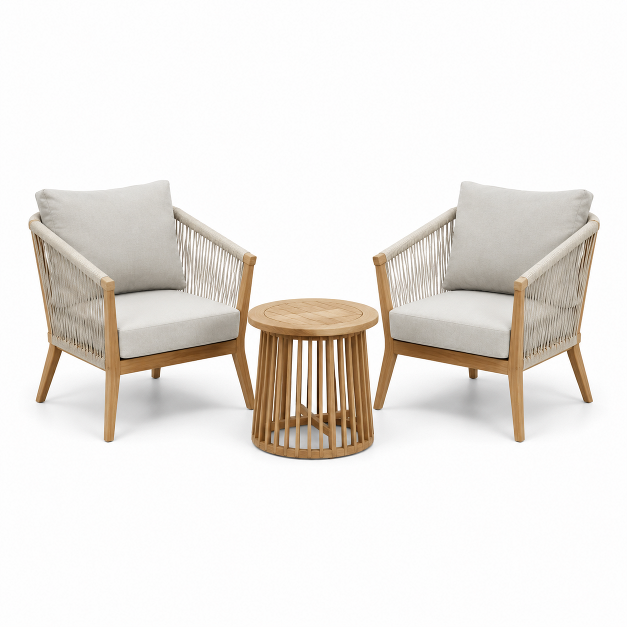 3-teiliges Gartenmöbel-Set aus Holz mit Seilgeflecht, 2 Sessel 75 x 78 x 85 cm und runder Tisch Ø 60 x 50 cm, Natur/Creme
