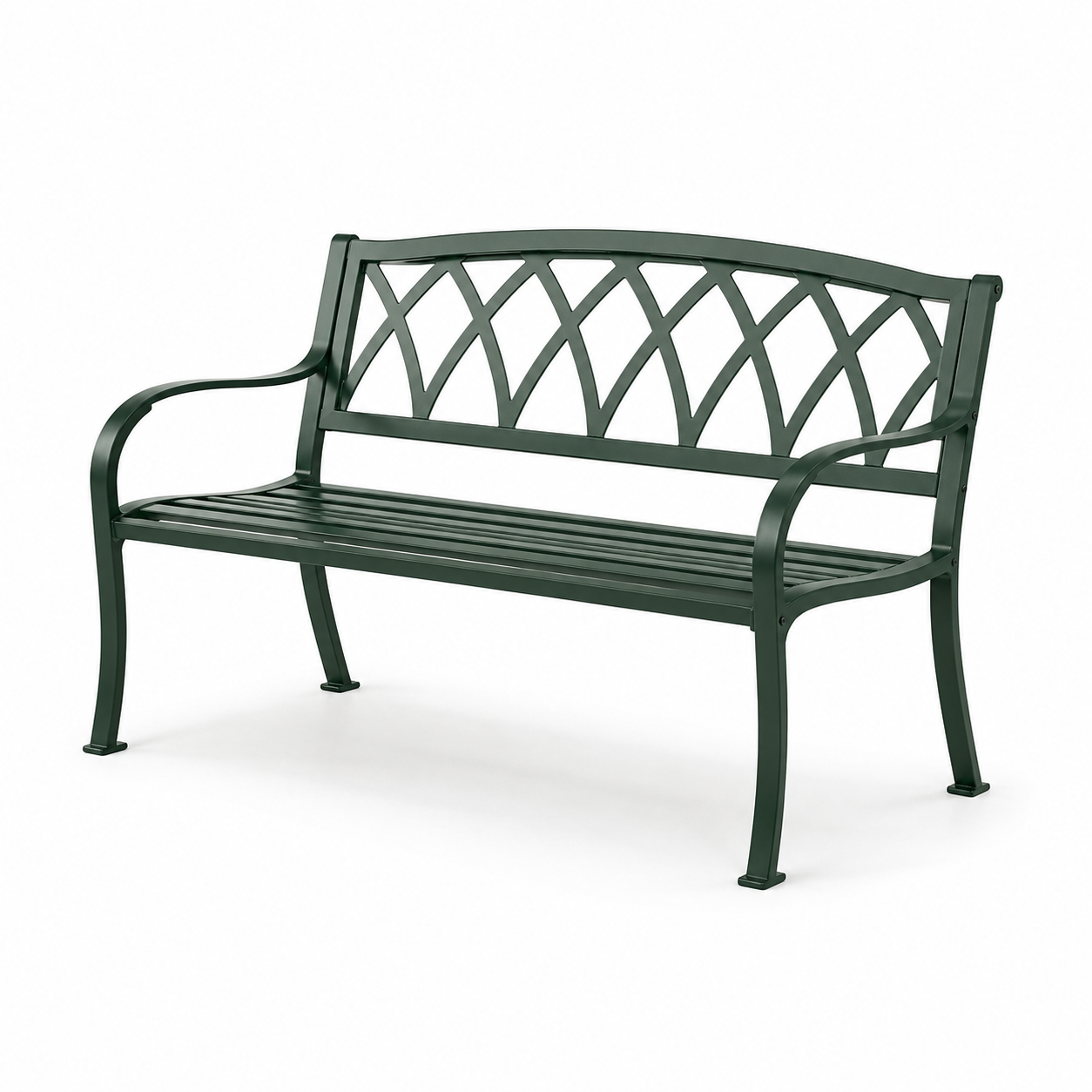 Metall-Gartenbank in Dunkelgrün, 127 x 60 x 85 cm, mit Ziergitter-Rückenlehne und Armlehnen