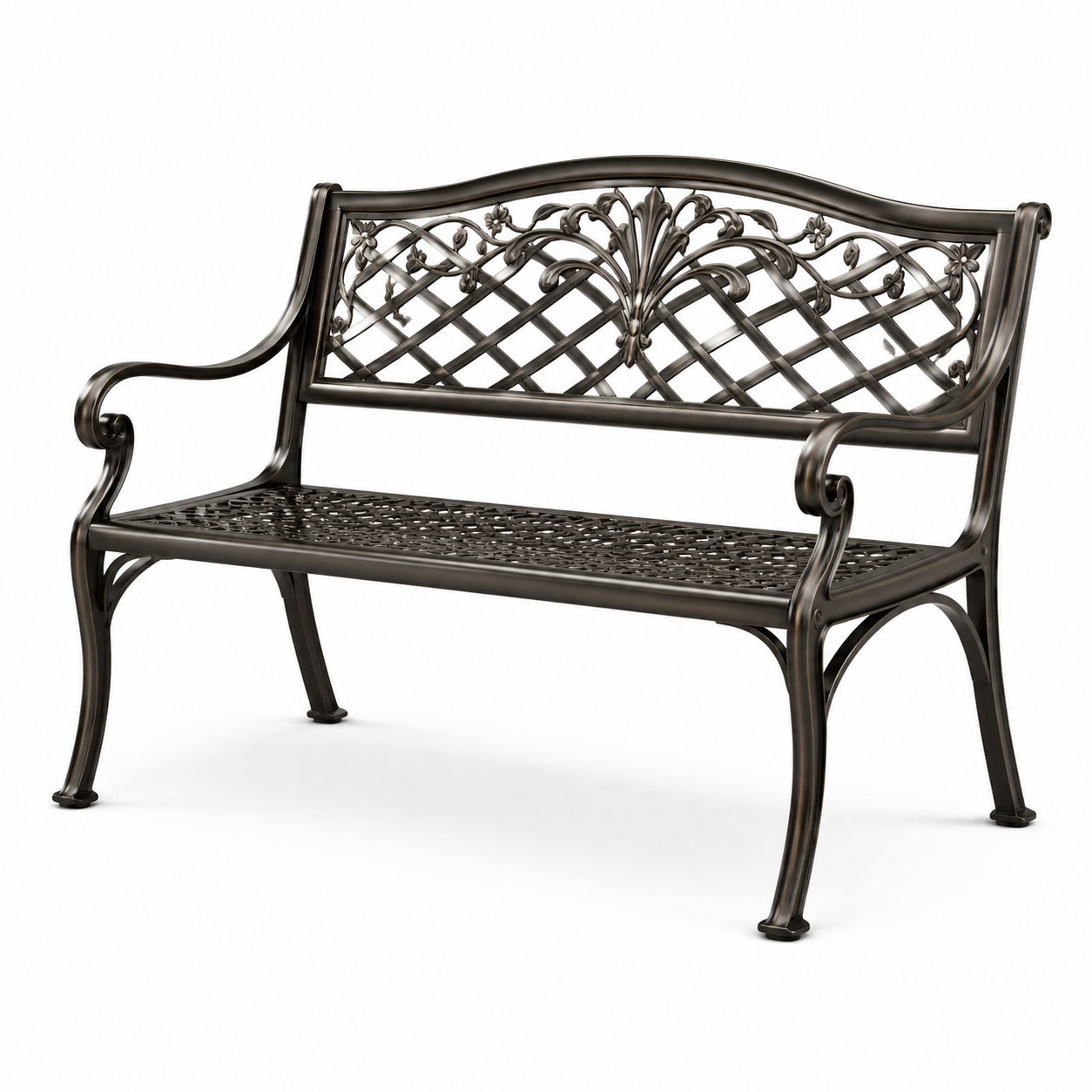 Metall-Gartenbank für 2 Personen, 108 x 60 x 86 cm, Dunkelbronze/Schwarz, mit floralen Ornamenten