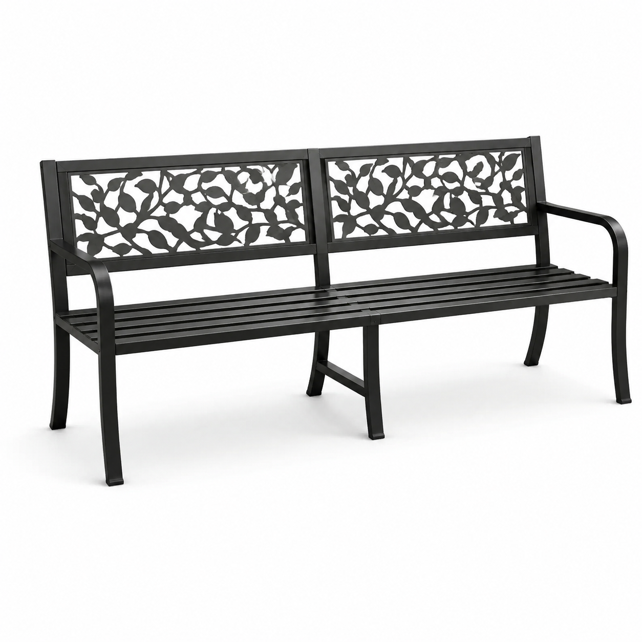 Schwarze Metall-Gartenbank mit floralem Rückendekor, 127 x 60 x 85 cm, für 3 Personen