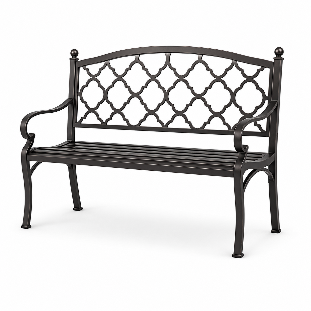 Metall-Gartenbank für 2 Personen, 127 x 60 x 86 cm, Schwarz, mit Armlehnen und ornamentalem Gittermuster