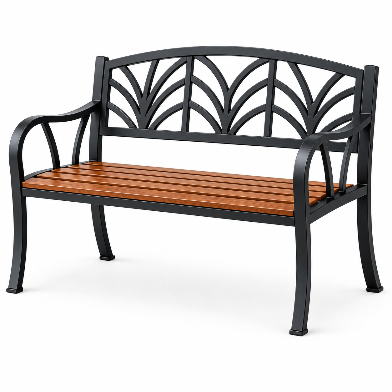 Gartenbank aus Metall und Holz, Schwarz/Braun, 127 x 60 x 85 cm, Zweisitzer mit Armlehnen