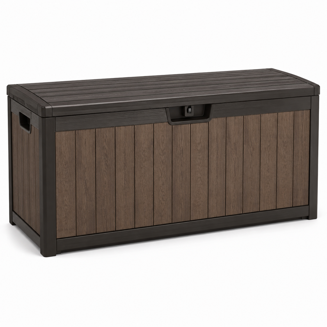Wetterbeständige Aufbewahrungsbox aus Kunststoff, Braun/Dunkelbraun, 120 x 56 x 63 cm, Holzoptik