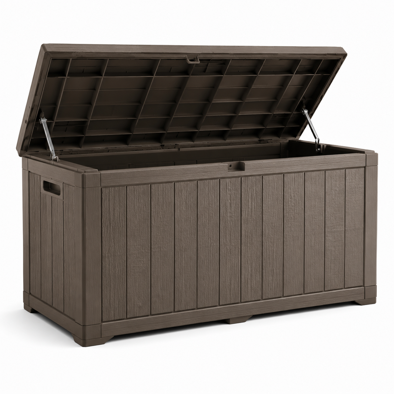 Garten-Aufbewahrungsbox aus Kunststoff in Holzoptik mit Klappdeckel, Dunkelbraun, 145 x 70 x 65 cm