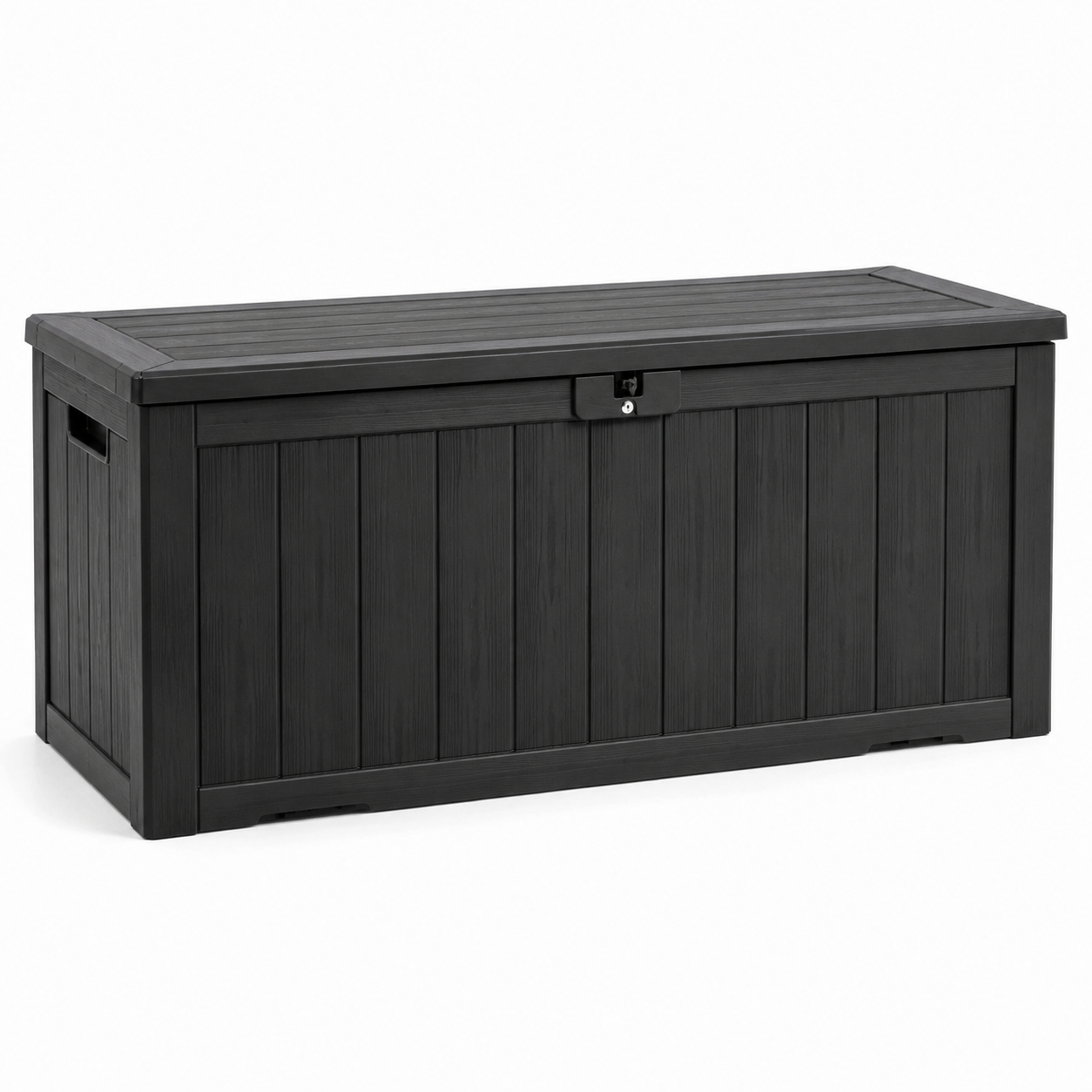 Garten-Aufbewahrungsbox 120 x 54 x 57 cm aus schwarzem Kunststoff in Holzoptik mit abschließbarem Deckel