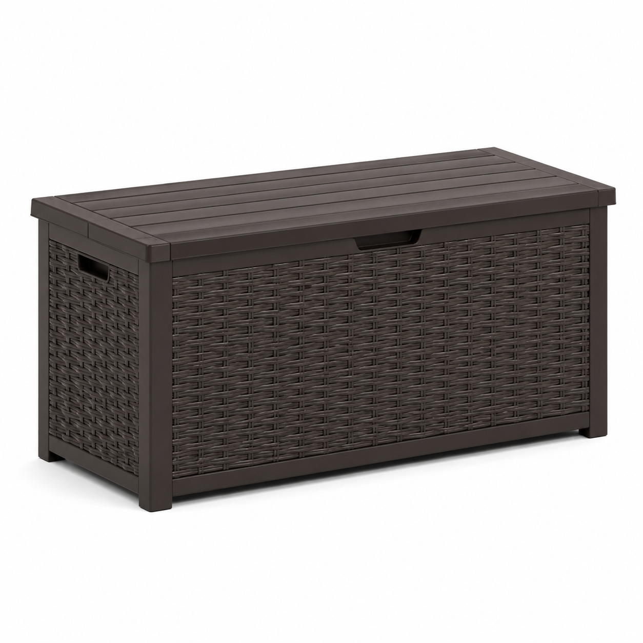 Garten-Aufbewahrungsbox mit Klappdeckel, 120 x 54 x 57 cm, Dunkelbraun, Kunststoff in Rattanoptik