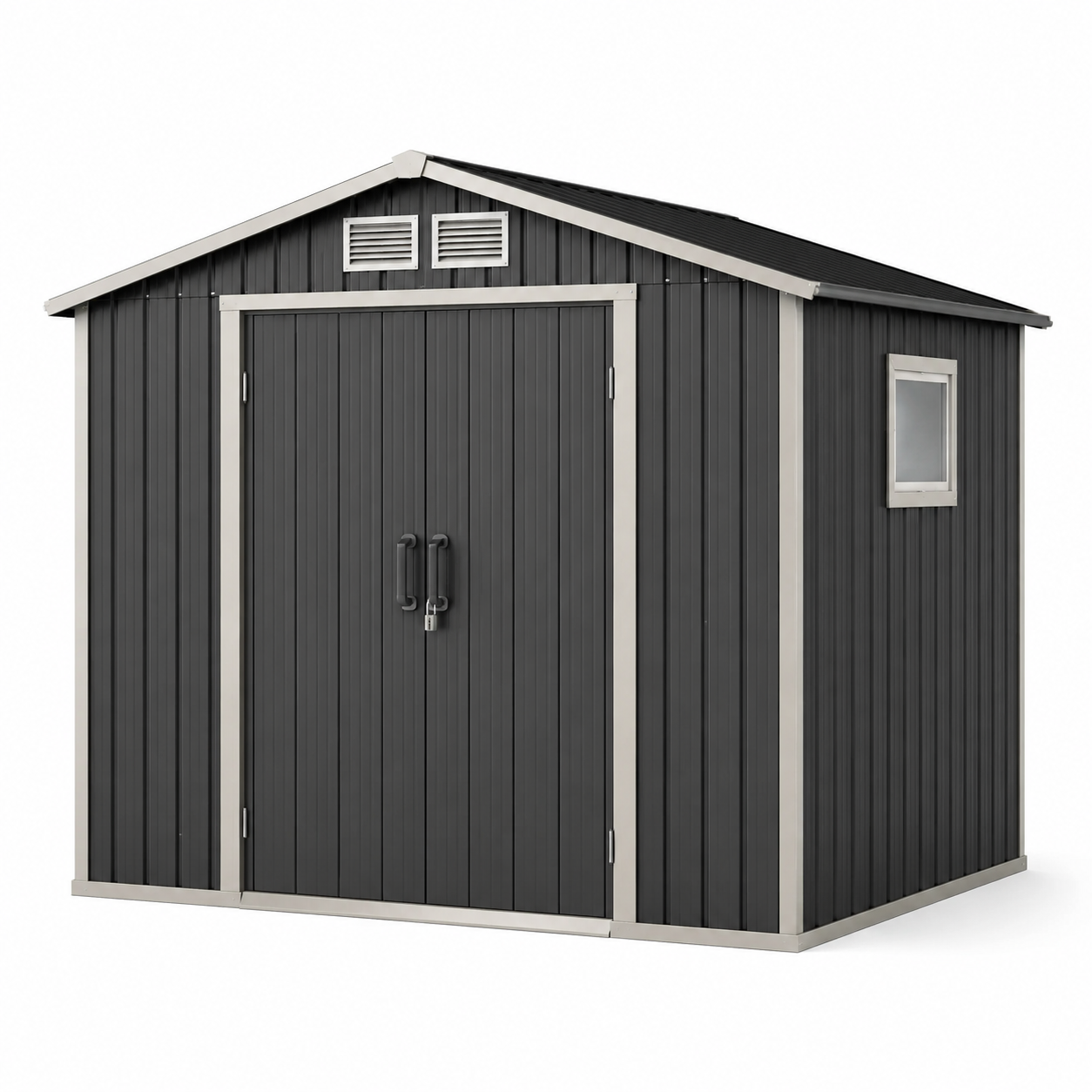 Metall-Gerätehaus 257 x 205 x 202 cm in Anthrazit/Silber mit Doppeltür, Fenster und Satteldach