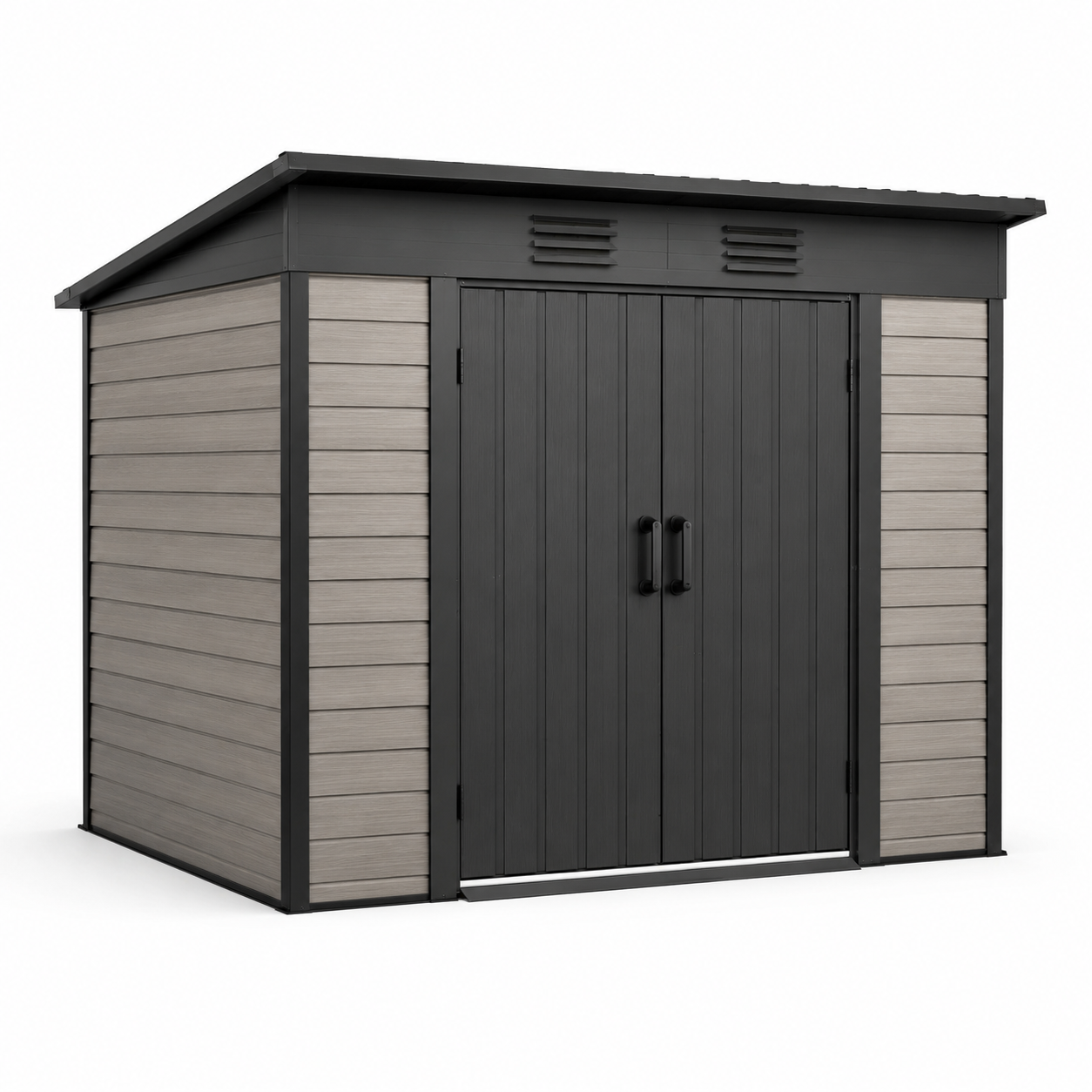 Gerätehaus aus Kunststoff und Metall, 240 x 180 x 220 cm, Anthrazit/Taupe, mit Doppeltür und Lüftungsöffnungen