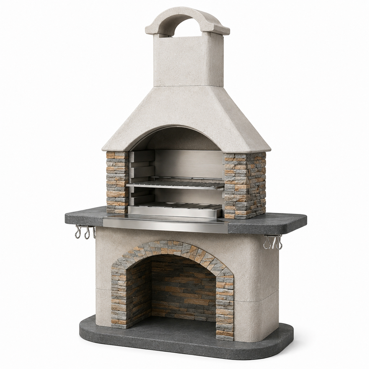 Rustikaler Grillkamin aus Betonwerkstein und Edelstahl mit Grillrost, Ablagen und Rauchabzug, Beige/Grau/Silber/Braun, 120 x 65 x 220 cm