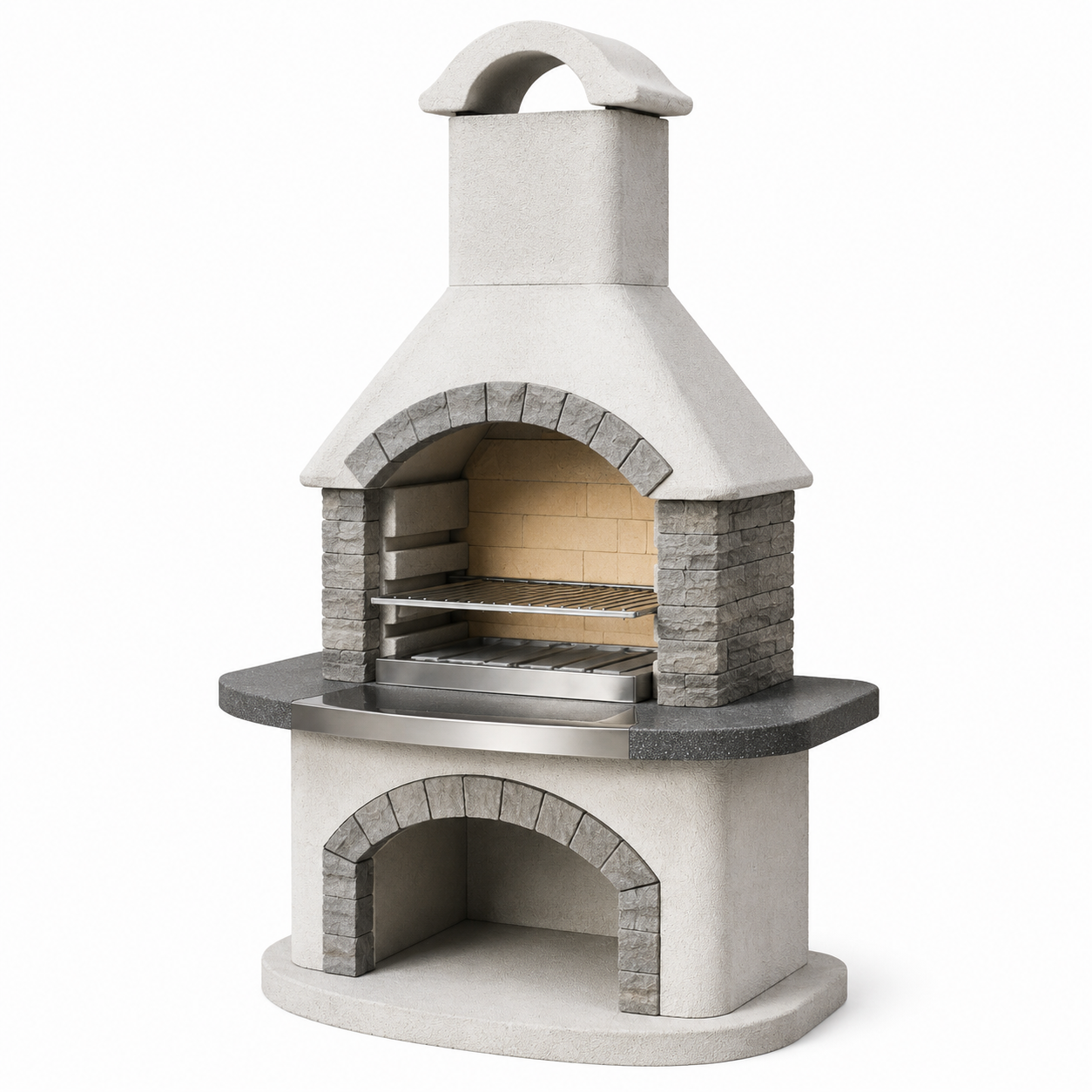 Gartengrillkamin aus Beton mit höhenverstellbarem Grillrost und Schornstein, Weiß/Grau/Beige/Silber, 110 x 65 x 220 cm