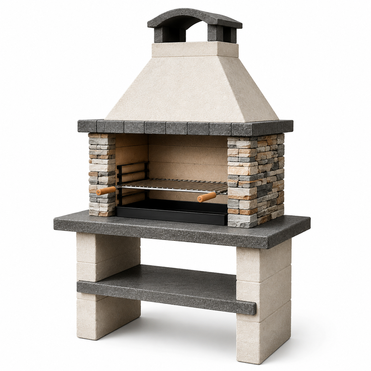 Gartengrill mit Kamin, höhenverstellbarem Grillrost und Ablagefach, 110 x 65 x 190 cm, Beige/Grau/Schwarz/Braun