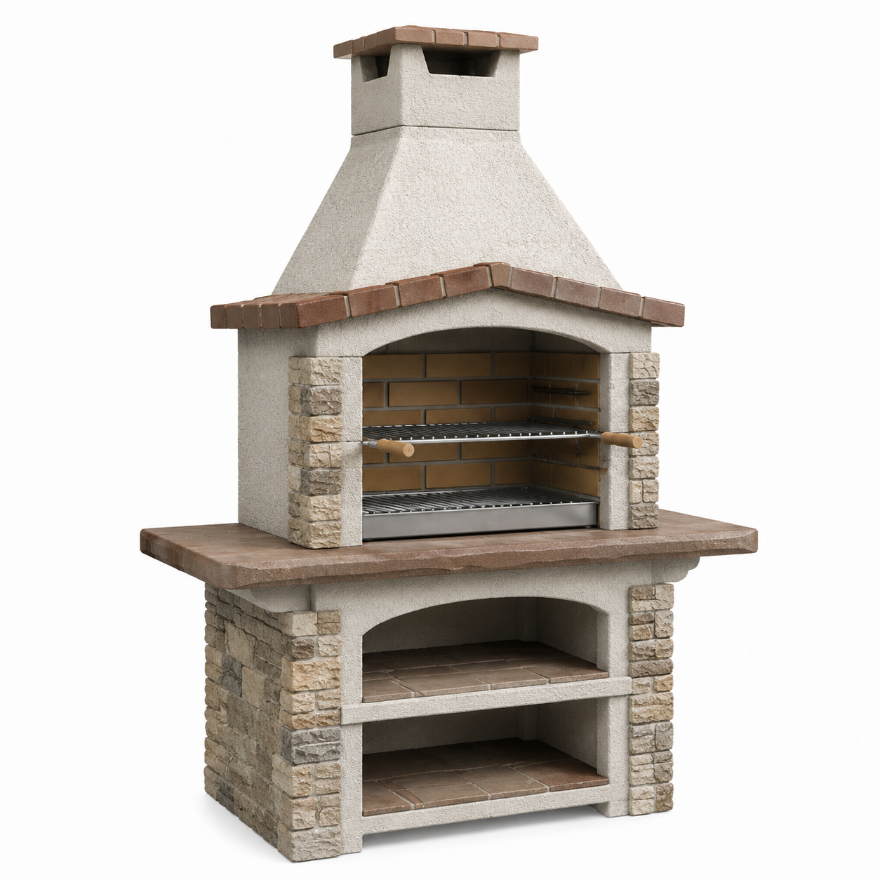 Rustikaler Gartengrill mit Kaminaufsatz, höhenverstellbarem Grillrost und Ablagefächern, Beige/Braun/Schwarz/Silber, 110 x 65 x 210 cm