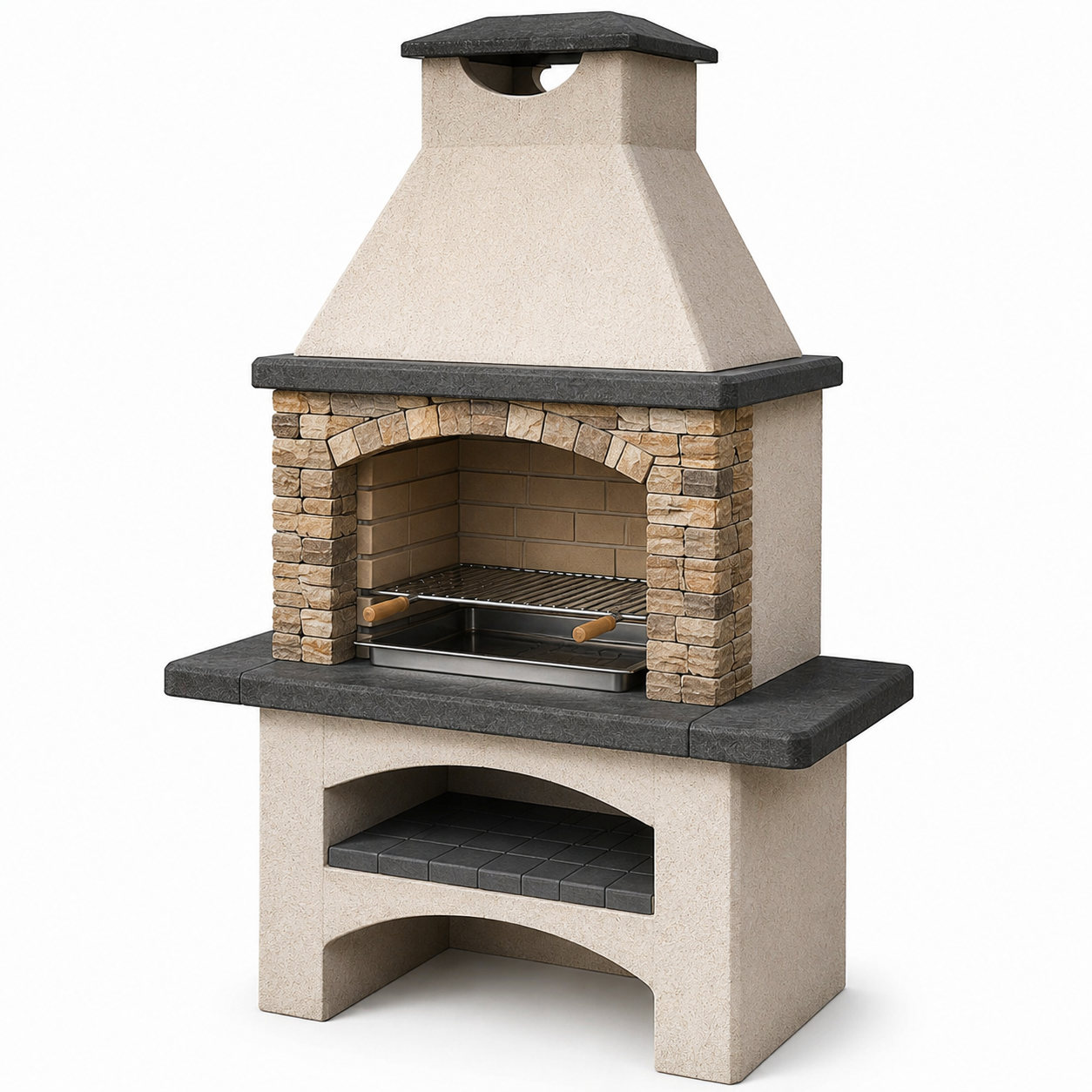 Gartengrill aus Beton und Stein mit Kaminhaube und Grillrost, Beige/Braun/Anthrazit/Silberfarben, 120 x 70 x 220 cm