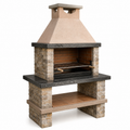 Freistehender Gartengrill mit Kaminabzug und Ablage, Betonwerkstein und Metall, Beige/Braun/Anthrazit, 110 x 65 x 210 cm