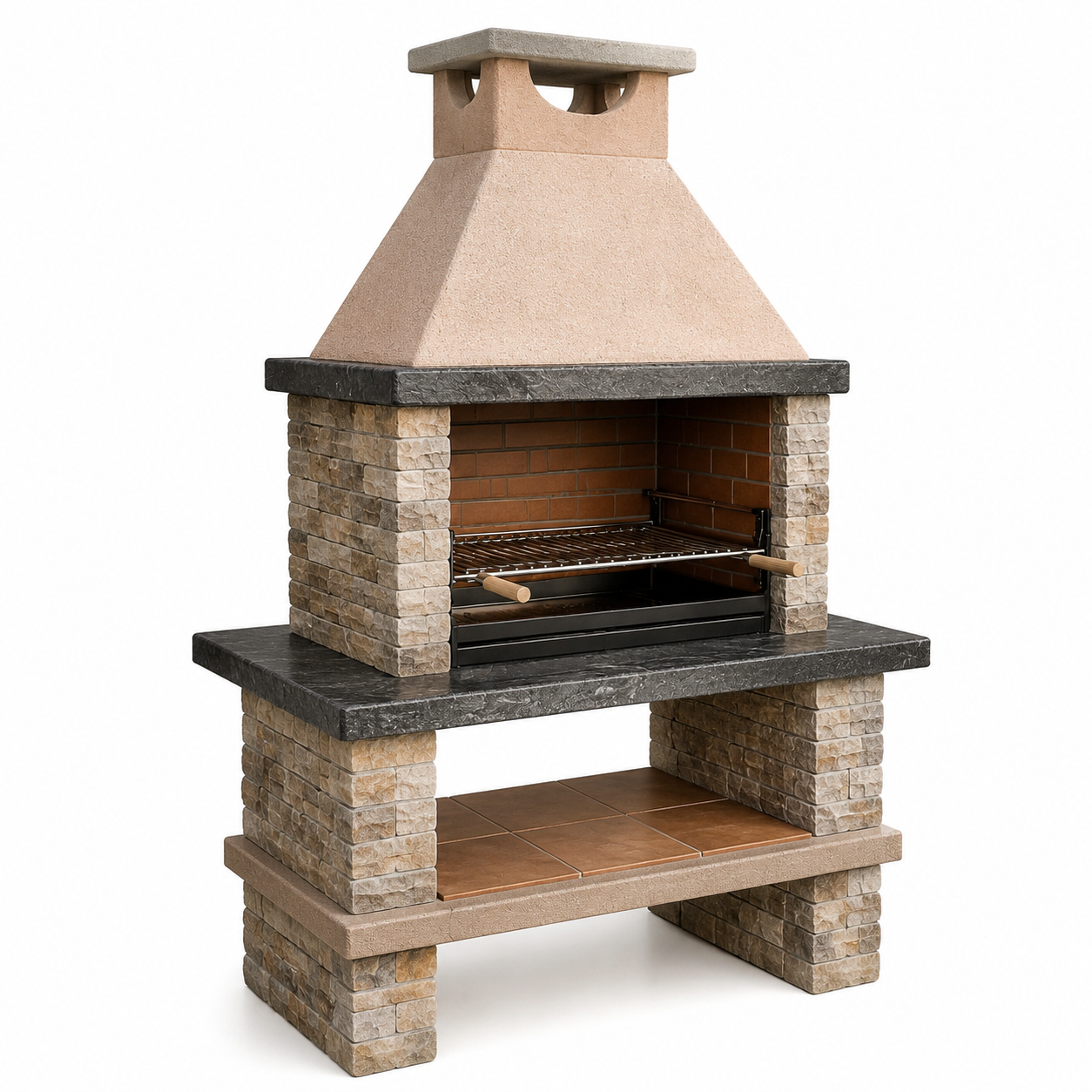 Freistehender Gartengrill mit Kaminabzug und Ablage, Betonwerkstein und Metall, Beige/Braun/Anthrazit, 110 x 65 x 210 cm