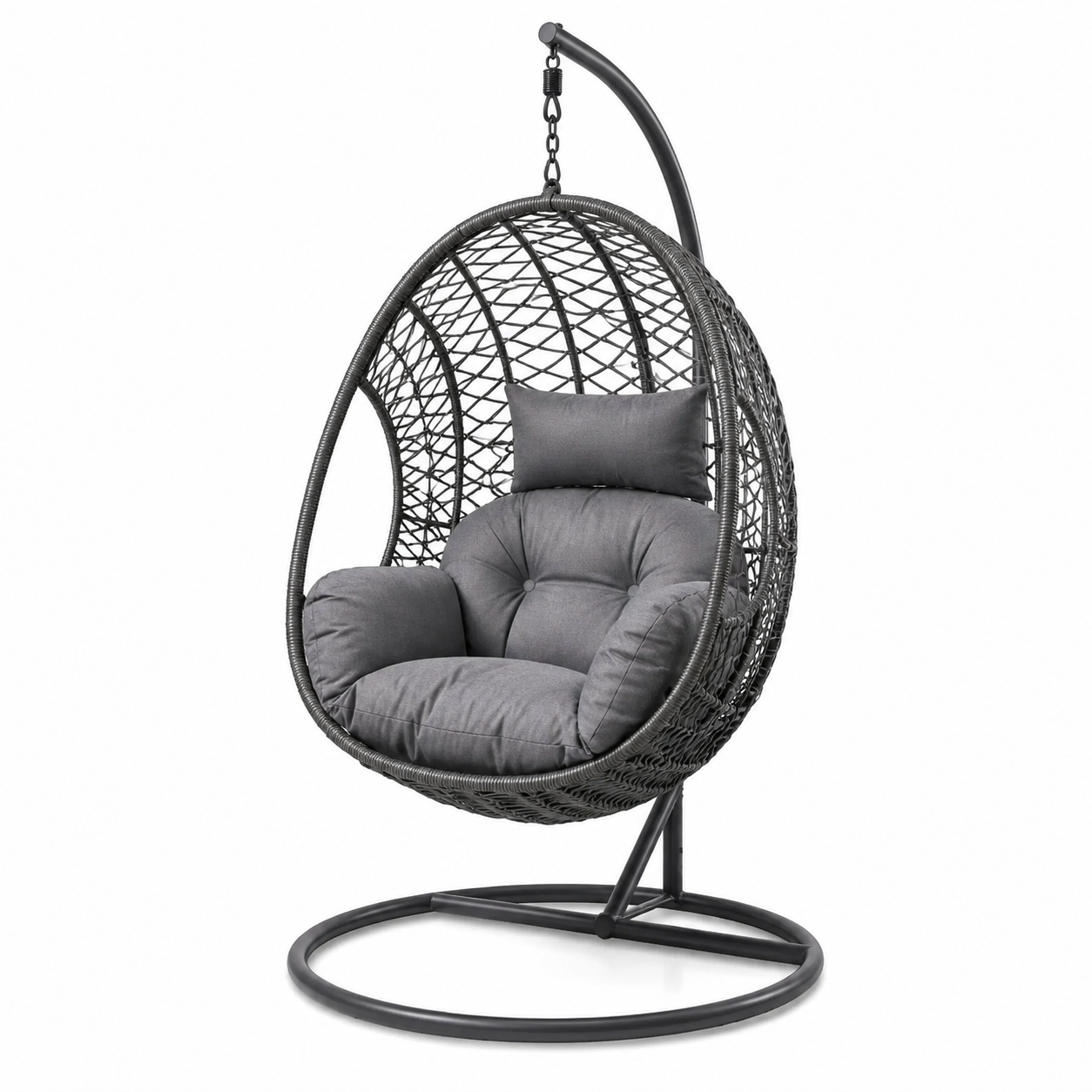Hängesessel mit Standgestell, 105 x 105 x 195 cm, Stahl und Polyrattan, Schwarz/Grau