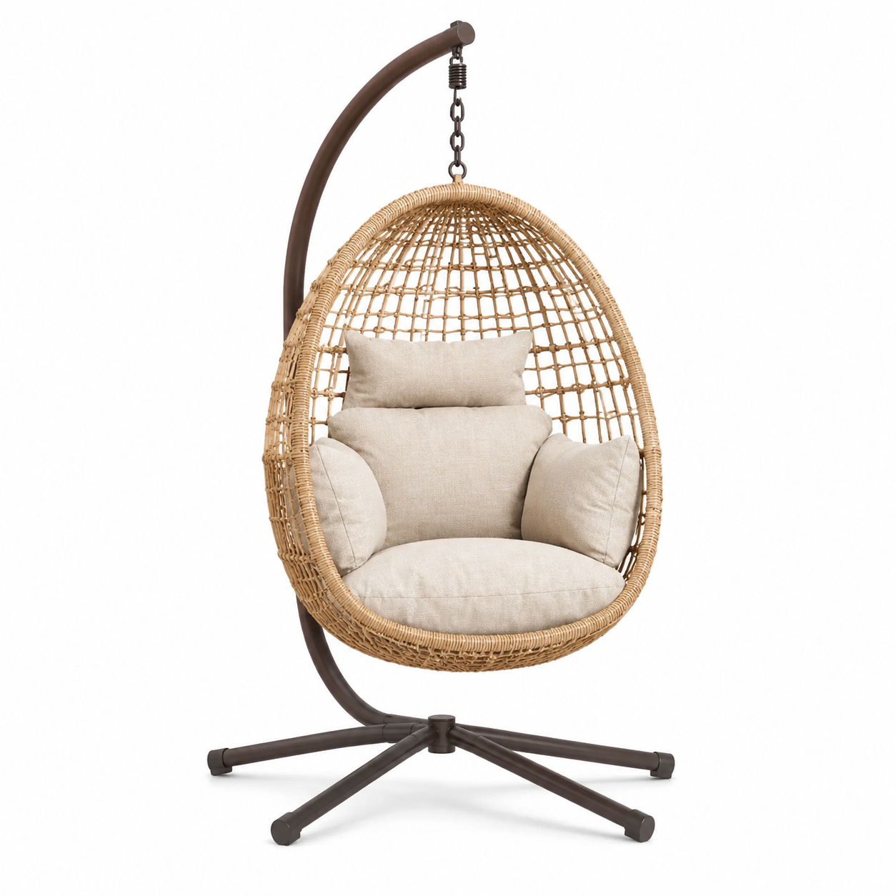 Hängesessel mit Metallgestell und Polsterset, 105 x 105 x 195 cm, Naturbraun/Braun/Beige