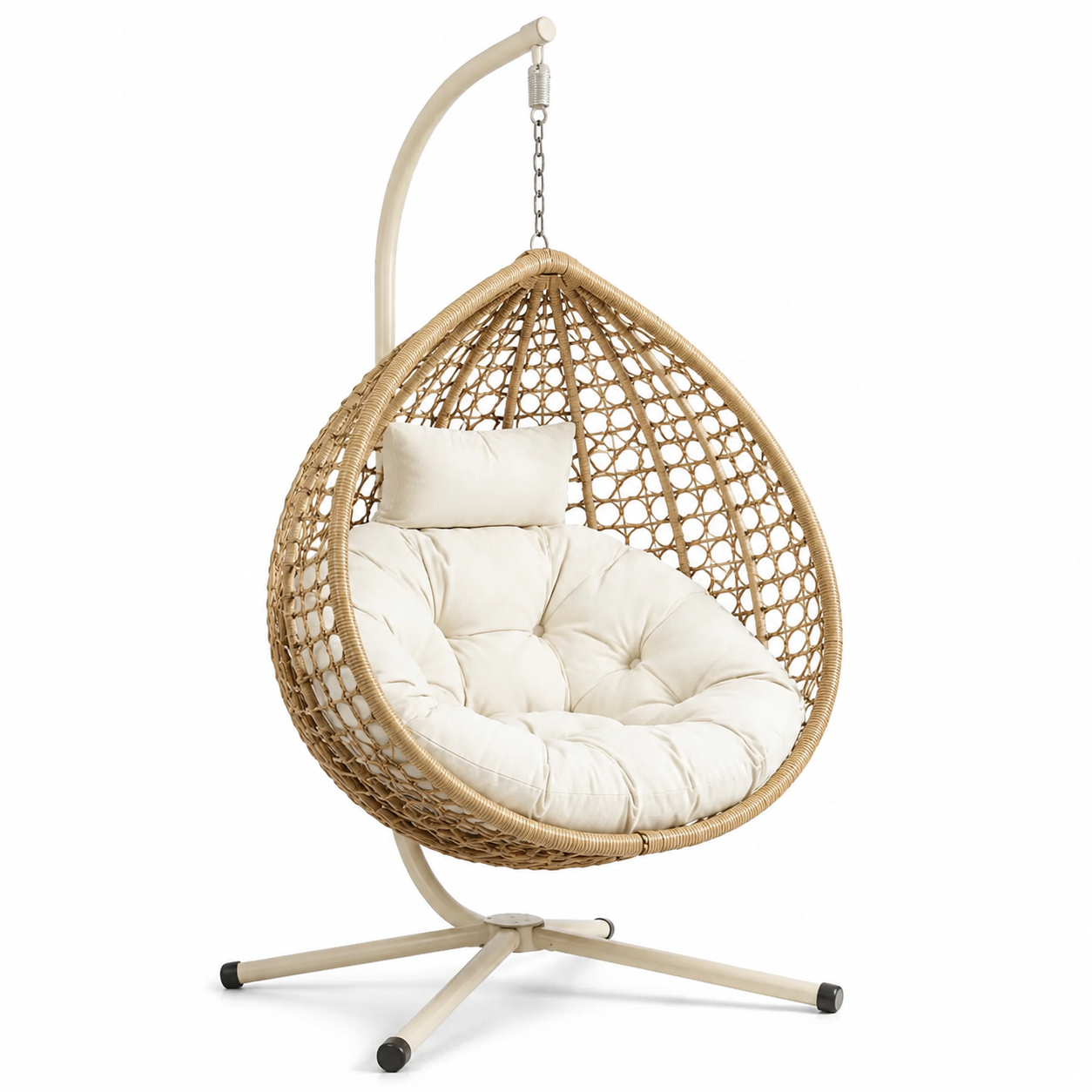 Freistehender Hängesessel aus Polyrattan mit Gestell und Polstern, Natur/Creme, 115 x 110 x 195 cm