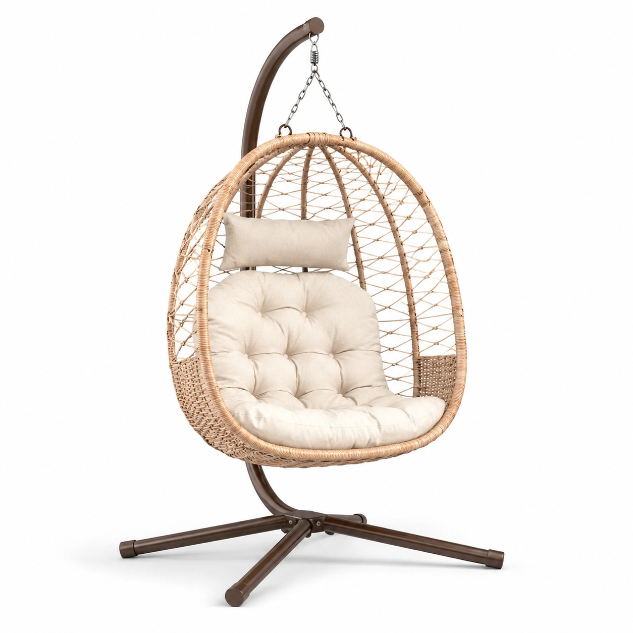 Freistehender Hängesessel mit Stahlgestell und Polstern, Beige/Braun, 110 x 110 x 195 cm
