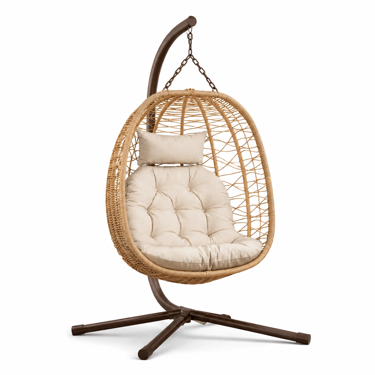 Freistehender Hängesessel aus Polyrattan und Stahl mit Polstern, Natur/Braun/Beige, 120 x 110 x 195 cm