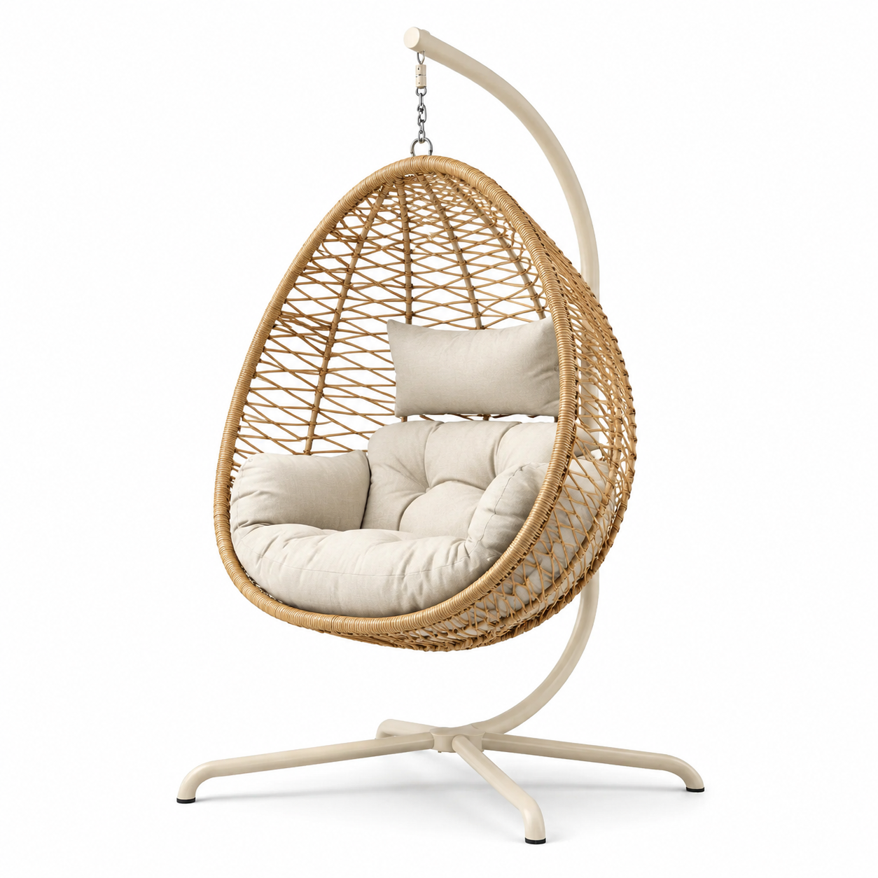 Freistehender Hängesessel mit Gestell aus Polyrattan und Stahl, Natur/Creme, 105 x 105 x 195 cm